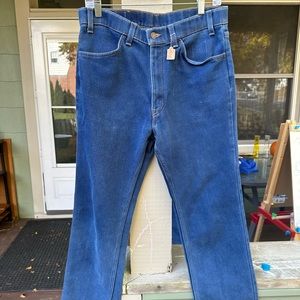 Vintage 70’s Levi’s Indigo Action Jeans 34 x 30 orange tag leather patch USA